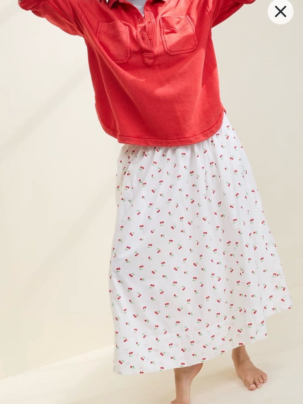 Aerie Cherry Print Maxi Skirt XS Cottagecore Pockets Preppy Fruit Beach Cute